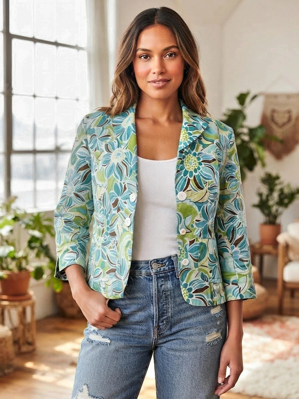 Lily Stanhope Size 6 Y2K 100% Linen Blue Green Floral Blazer Jacket Retro Indie